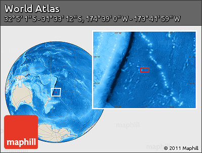 Shaded Relief Location Map of the Area around 31° 49' 7" S, 174° 10' 30" W