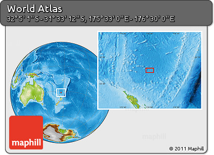 Physical Location Map of the Area around 31° 49' 7" S, 176° 1' 30" E