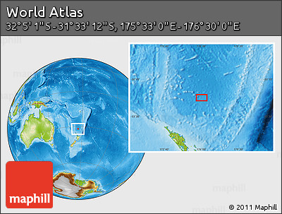 Physical Location Map of the Area around 31° 49' 7" S, 176° 1' 30" E