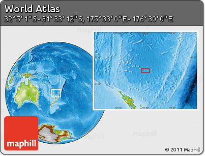 Physical Location Map of the Area around 31° 49' 7" S, 176° 1' 30" E
