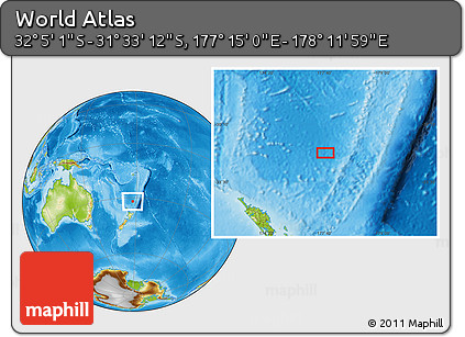 Physical Location Map of the Area around 31° 49' 7" S, 177° 43' 29" E
