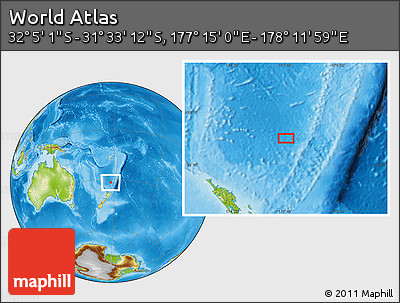 Physical Location Map of the Area around 31° 49' 7" S, 177° 43' 29" E