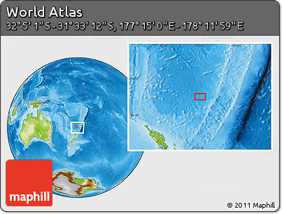 Physical Location Map of the Area around 31° 49' 7" S, 177° 43' 29" E