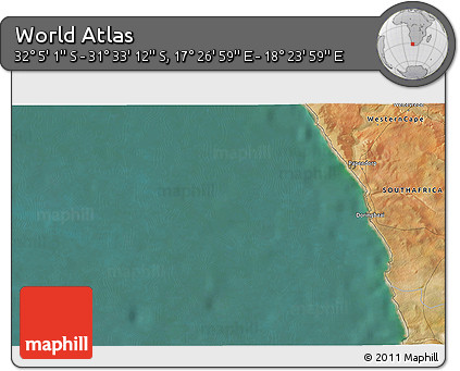 Satellite 3D Map of the Area around 31° 49' 7" S, 17° 55' 29" E