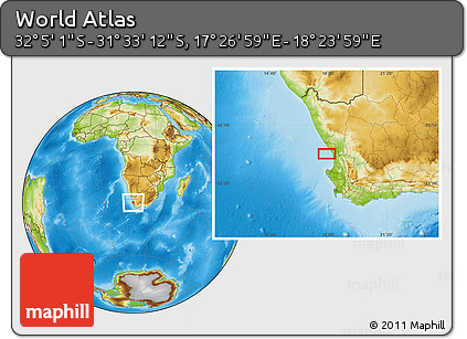 Physical Location Map of the Area around 31° 49' 7" S, 17° 55' 29" E
