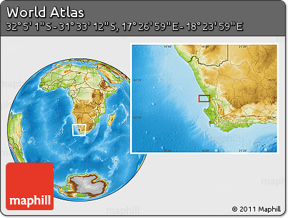 Physical Location Map of the Area around 31° 49' 7" S, 17° 55' 29" E