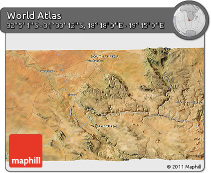 Satellite 3D Map of the Area around 31° 49' 7" S, 18° 46' 29" E