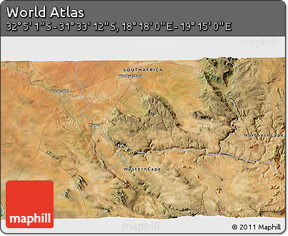 Satellite 3D Map of the Area around 31° 49' 7" S, 18° 46' 29" E