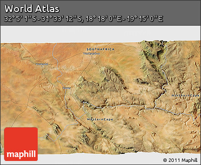 Satellite 3D Map of the Area around 31° 49' 7" S, 18° 46' 29" E