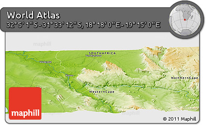 Physical Panoramic Map of the Area around 31° 49' 7" S, 18° 46' 29" E