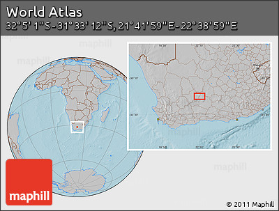 Gray Location Map of the Area around 31° 49' 7" S, 22° 10' 29" E, hill shading