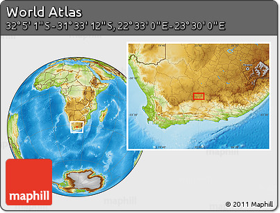 Physical Location Map of the Area around 31° 49' 7" S, 23° 1' 29" E