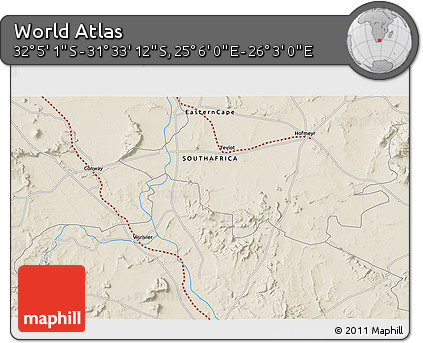 Shaded Relief 3D Map of the Area around 31° 49' 7" S, 25° 34' 30" E