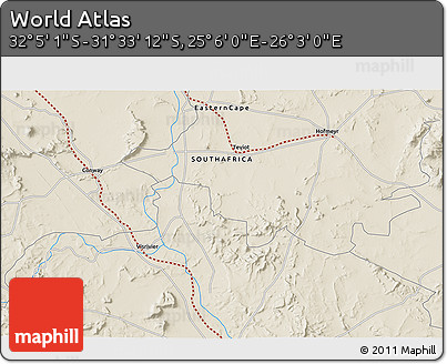 Shaded Relief 3D Map of the Area around 31° 49' 7" S, 25° 34' 30" E