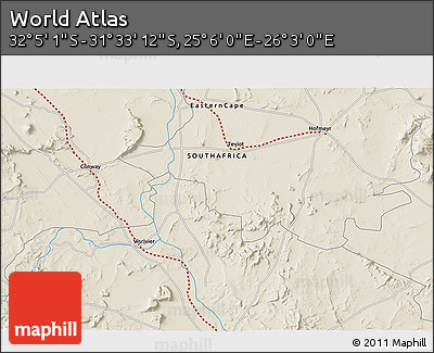 Shaded Relief 3D Map of the Area around 31° 49' 7" S, 25° 34' 30" E