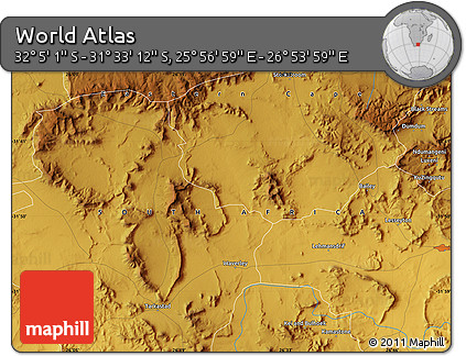 Physical Map of the Area around 31° 49' 7" S, 26° 25' 29" E