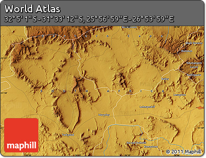 Physical Map of the Area around 31° 49' 7" S, 26° 25' 29" E