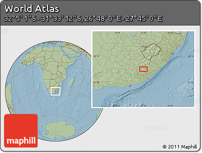Savanna Style Location Map of the Area around 31° 49' 7" S, 27° 16' 29" E, hill shading