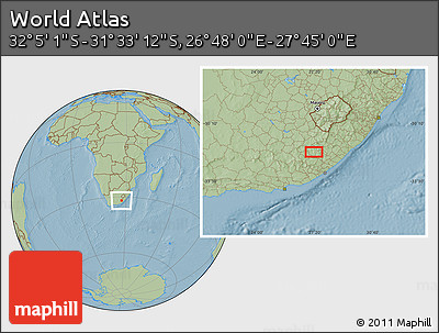 Savanna Style Location Map of the Area around 31° 49' 7" S, 27° 16' 29" E, hill shading