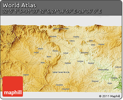 Physical 3D Map of the Area around 31° 49' 7" S, 28° 7' 30" E