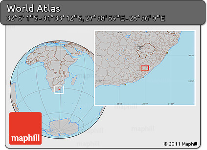 Gray Location Map of the Area around 31° 49' 7" S, 28° 7' 30" E