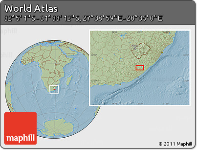 Savanna Style Location Map of the Area around 31° 49' 7" S, 28° 7' 30" E, hill shading
