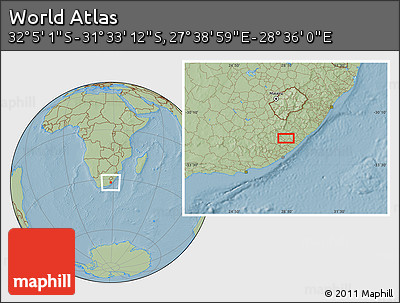 Savanna Style Location Map of the Area around 31° 49' 7" S, 28° 7' 30" E, hill shading
