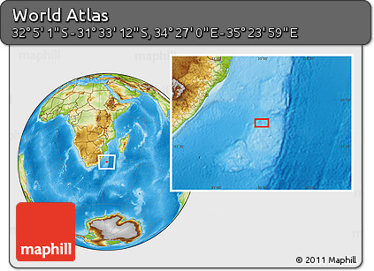Physical Location Map of the Area around 31° 49' 7" S, 34° 55' 29" E