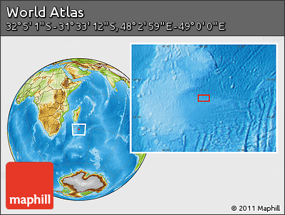 Physical Location Map of the Area around 31° 49' 7" S, 48° 31' 29" E