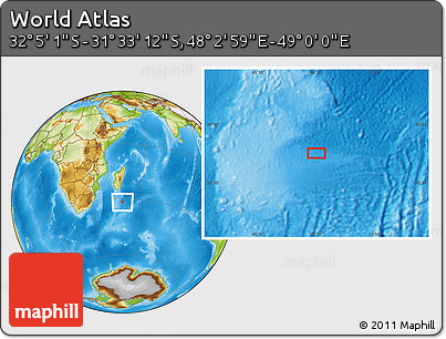 Physical Location Map of the Area around 31° 49' 7" S, 48° 31' 29" E