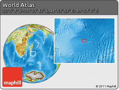 Physical Location Map of the Area around 31° 49' 7" S, 49° 22' 30" E