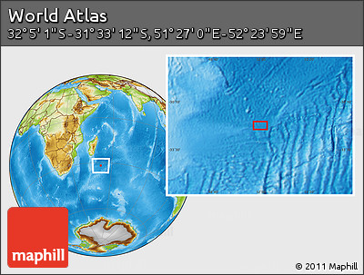 Physical Location Map of the Area around 31° 49' 7" S, 51° 55' 29" E
