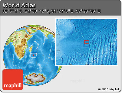 Physical Location Map of the Area around 31° 49' 7" S, 51° 55' 29" E