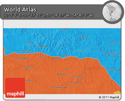 Political 3D Map of the Area around 31° 49' 7" S, 55° 10' 29" W