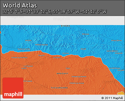Political 3D Map of the Area around 31° 49' 7" S, 55° 10' 29" W