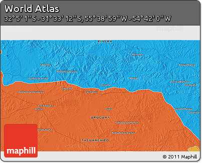 Political 3D Map of the Area around 31° 49' 7" S, 55° 10' 29" W