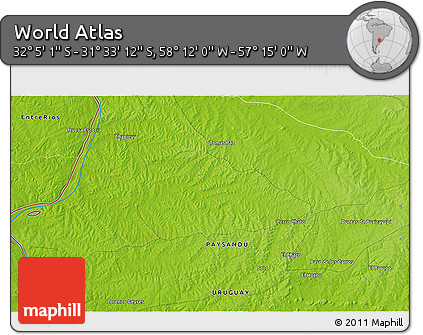 Physical 3D Map of the Area around 31° 49' 7" S, 57° 43' 30" W