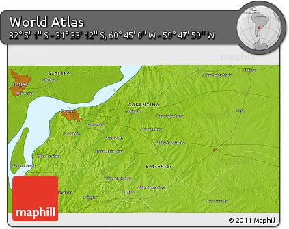 Physical 3D Map of the Area around 31° 49' 7" S, 60° 16' 29" W