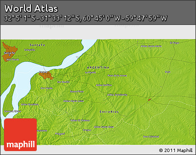 Physical 3D Map of the Area around 31° 49' 7" S, 60° 16' 29" W