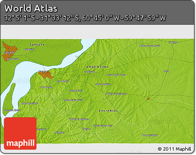 Physical 3D Map of the Area around 31° 49' 7" S, 60° 16' 29" W