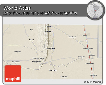 Shaded Relief 3D Map of the Area around 31° 49' 7" S, 66° 13' 29" W