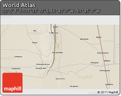 Shaded Relief 3D Map of the Area around 31° 49' 7" S, 66° 13' 29" W