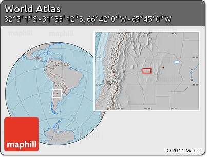 Gray Location Map of the Area around 31° 49' 7" S, 66° 13' 29" W, hill shading