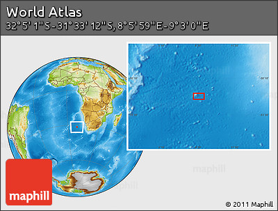 Physical Location Map of the Area around 31° 49' 7" S, 8° 34' 29" E