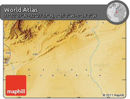 Physical Map of the Area around 32° 8' 5" N, 0° 46' 30" W