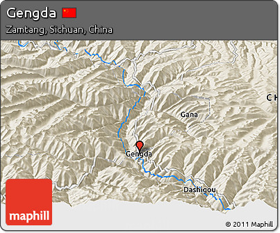 Shaded Relief Panoramic Map of Gengda
