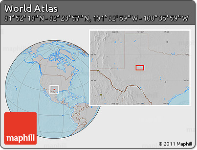 Gray Location Map of the Area around 32° 8' 5" N, 101° 4' 29" W, hill shading