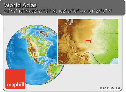 Physical Location Map of the Area around 32° 8' 5" N, 101° 55' 30" W