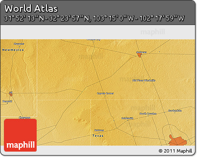 Physical 3D Map of the Area around 32° 8' 5" N, 102° 46' 30" W