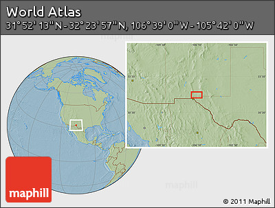 Savanna Style Location Map of the Area around 32° 8' 5" N, 106° 10' 30" W, hill shading
